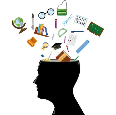 una cara de perfil, color negro, de la que sale desde el cerebro varios objetos escolares como lentes, pizarrón, libros, lápices, plumones, etc.