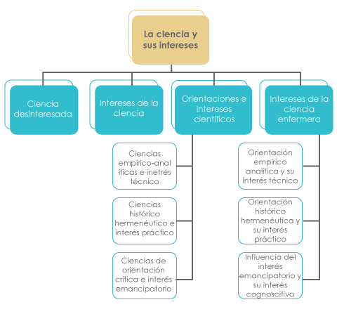 gráfico que detalla los contenidos de la unidad (ciencia desinteresada, intereses de la ciencia, orientaciones e intereses científicos e intereses de la ciencia enfermera).