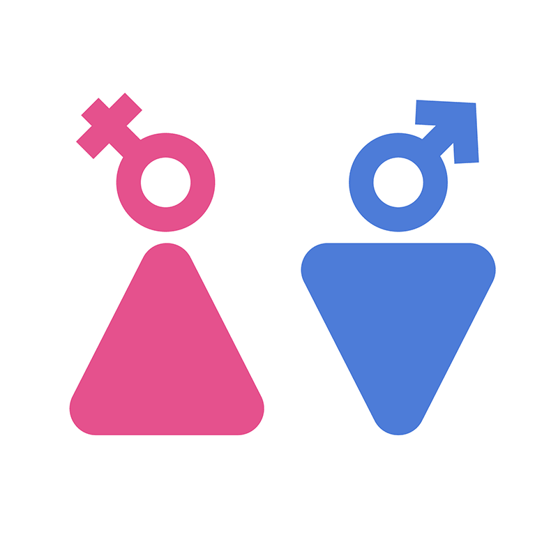 Dos símbolos para representar lo masculino y lo femenino: uno azul y uno rosa.