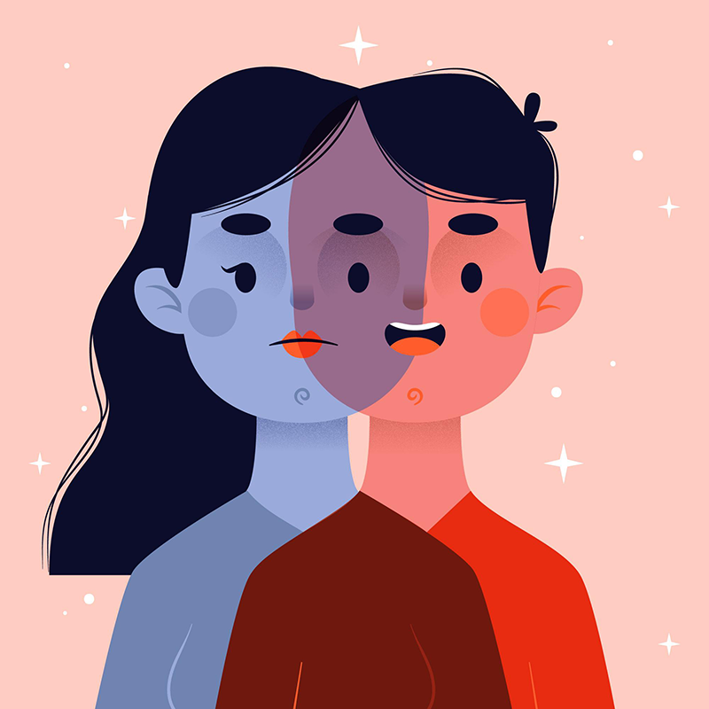 Figura fusionada hombre rosa y mujer azul.