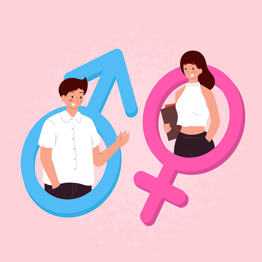 Hombre y mujer dentro de símbolos de masculino y femenino.