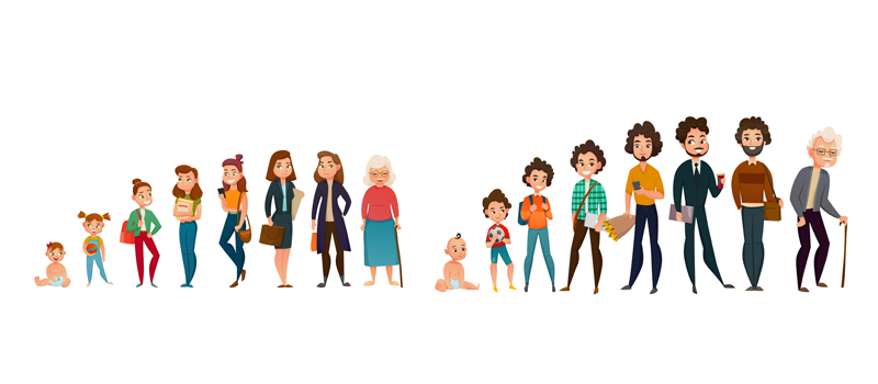 Una mujer y un hombre representados en diferentes edades.