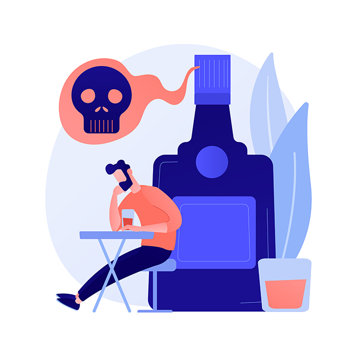Ilustración de hombre con una botella de alcohol y una calavera.