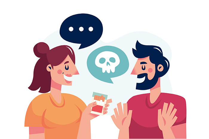 Ilustración de personas con una caja de cigarrillos y una calavera.