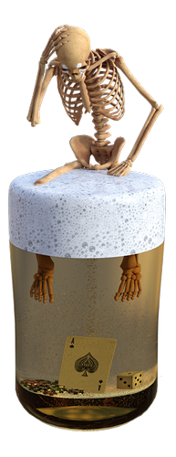 Hay un esqueleto, se está agarrando la cabeza como si tuviera una duda,  sentado en un vaso que contiene cerveza y al fondo un dado, fichas de juego y un naipe