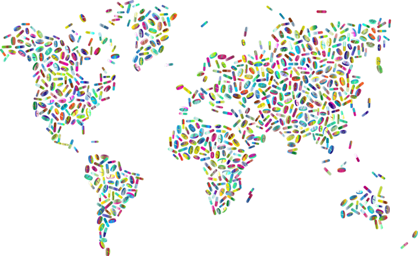 Mapa del mundo, con los continentes cubiertos de pastillas de colores.