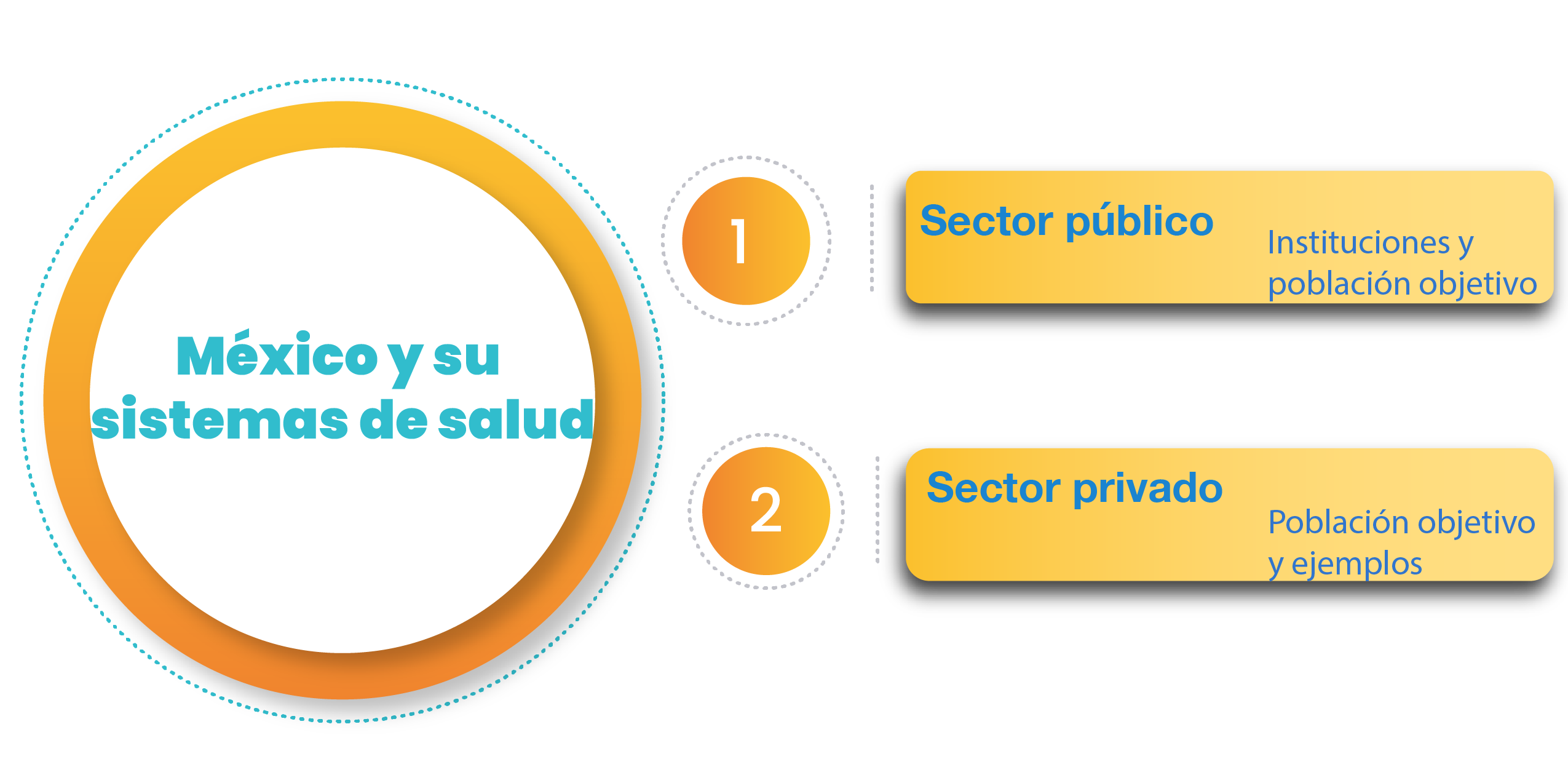 Gráfico con los contenidos de la unidad México y su sistema de salud; sector púlico; sector privado y sus especificidades.